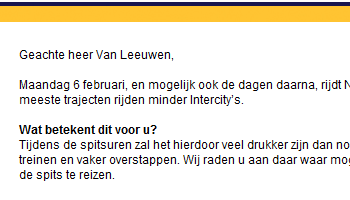 NS mailing 5 februari 2012 (klik voor groter): "Zeer drukke spitsen verwacht"