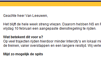 NS mailing 6 februari 2012 (klik voor groter): "Tot en met vrijdag 10 februari aangepaste dienstregeling"